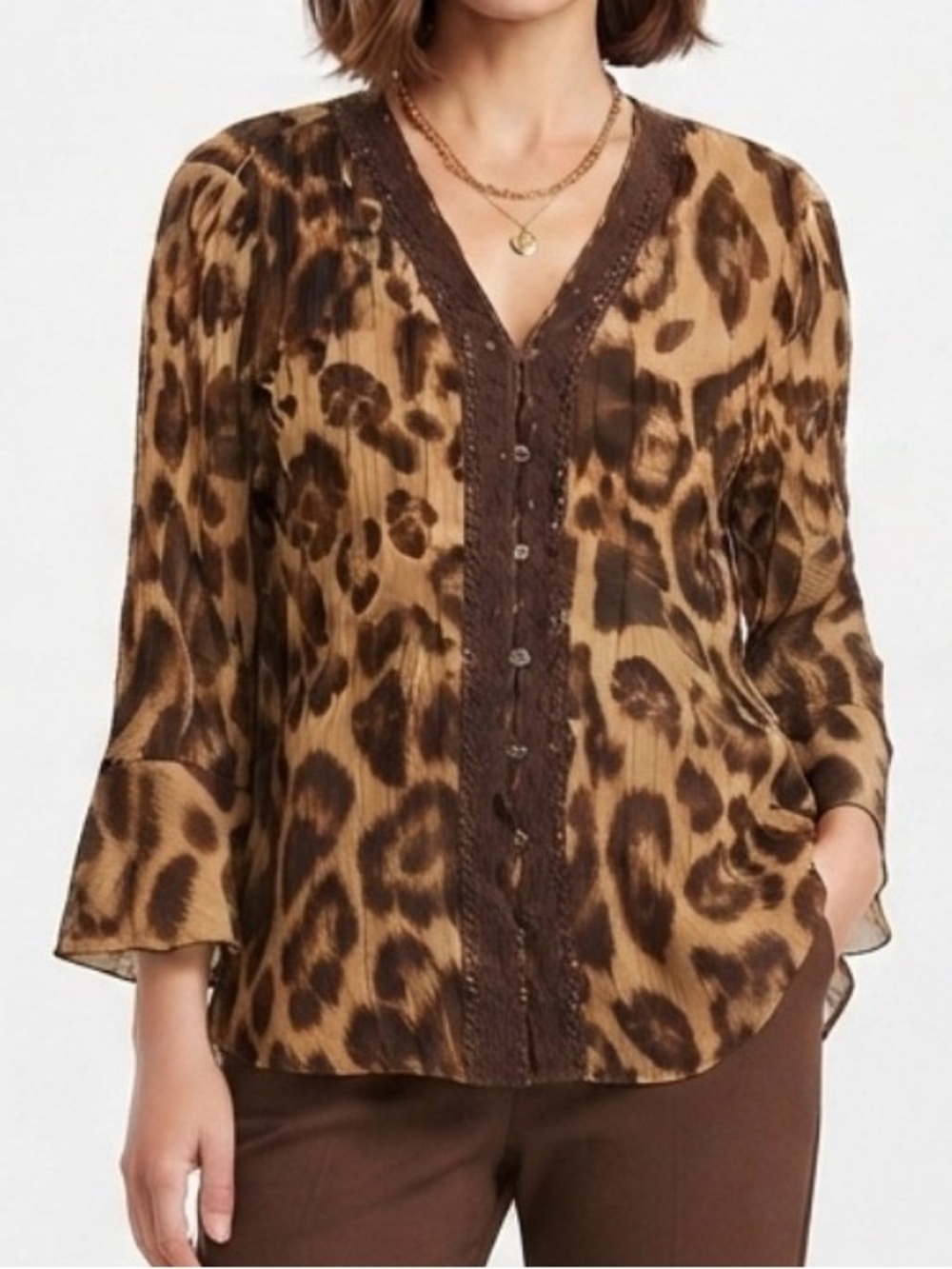 1X Vintage Allison Taylor Leopard Print Blouse with Crochet Detail